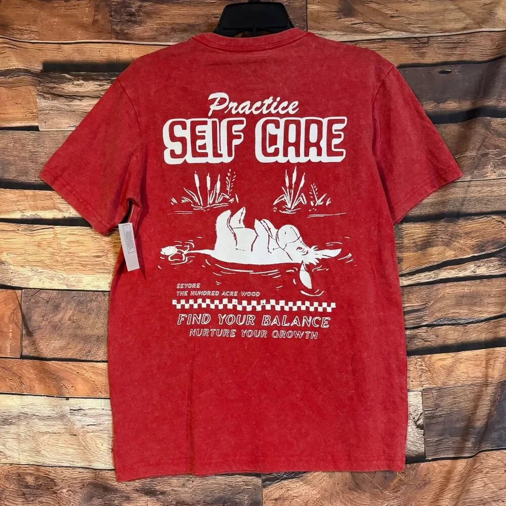 Disney Men's Red XS Eeyore Self Care Graphic T-Shirt Cotton Blend